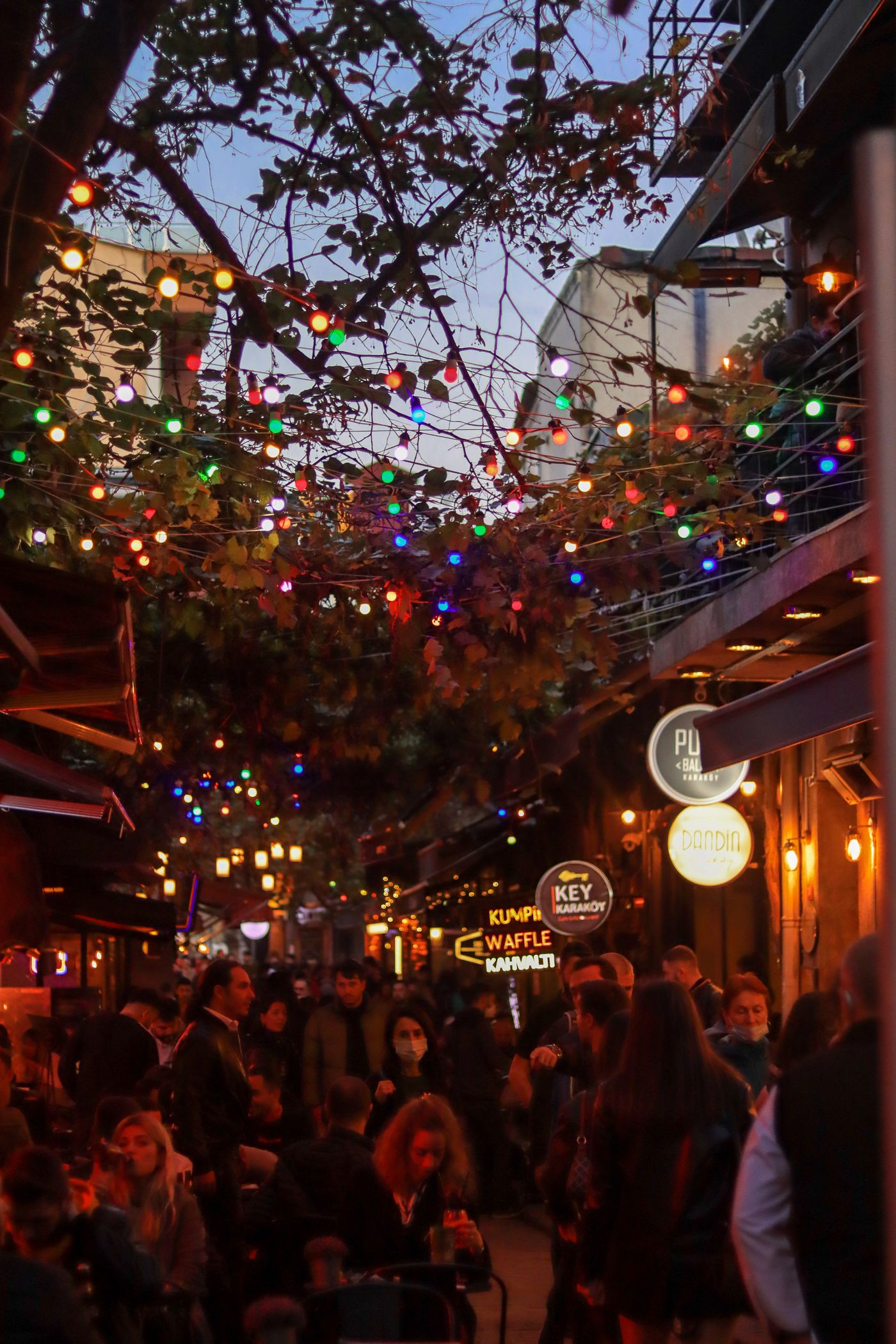 Lively bars and string lights on Kadife Sokak in Kadıköy at night