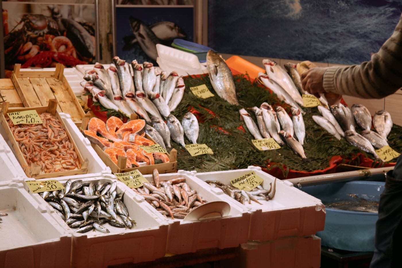 Fresh fish and produce on display in the Kadıköy market